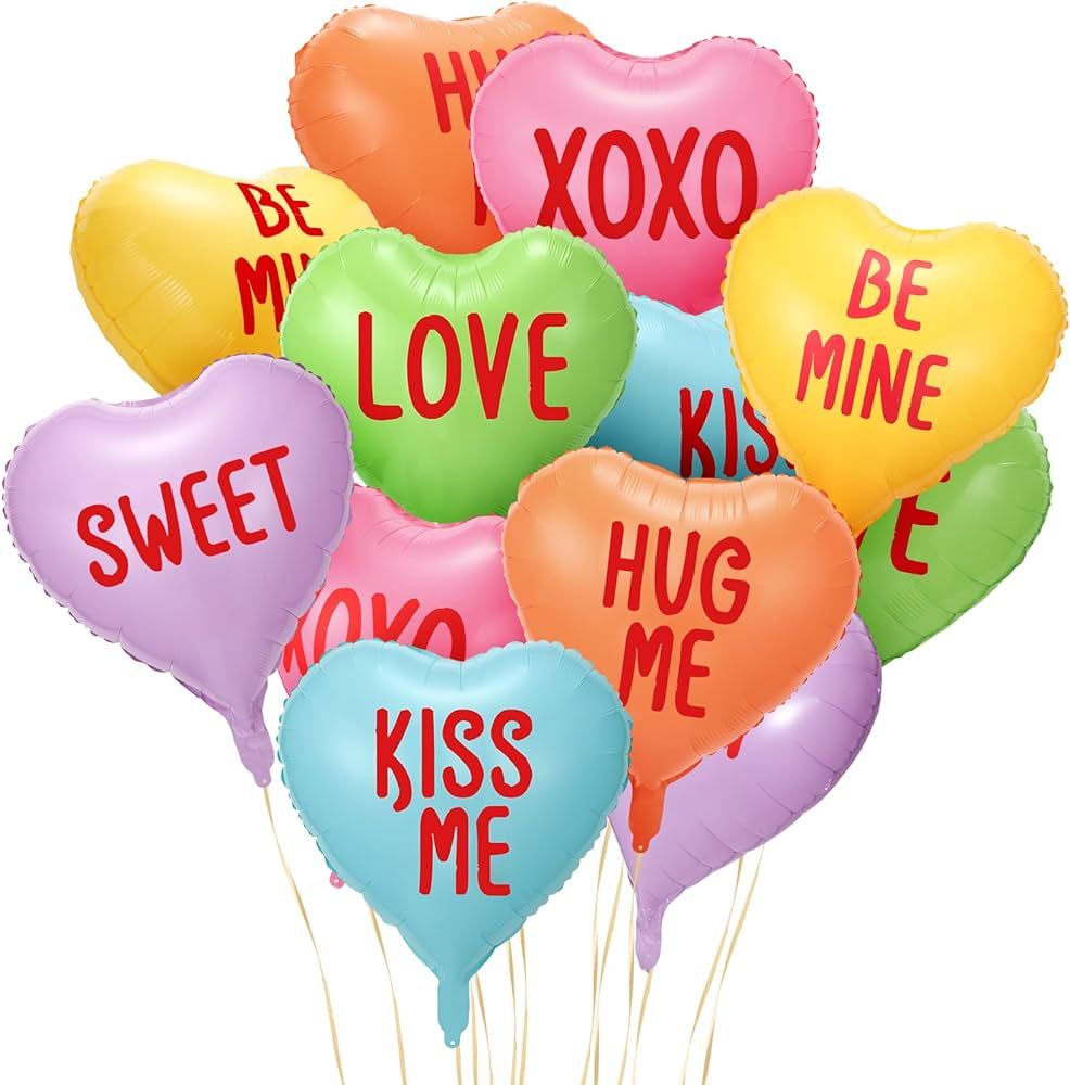 12 Pcs Valentine's Day Candy Heart Balloons 18 Inch Foil Balloons Heart Shaped Balloons XOXO Love... | Amazon (US)