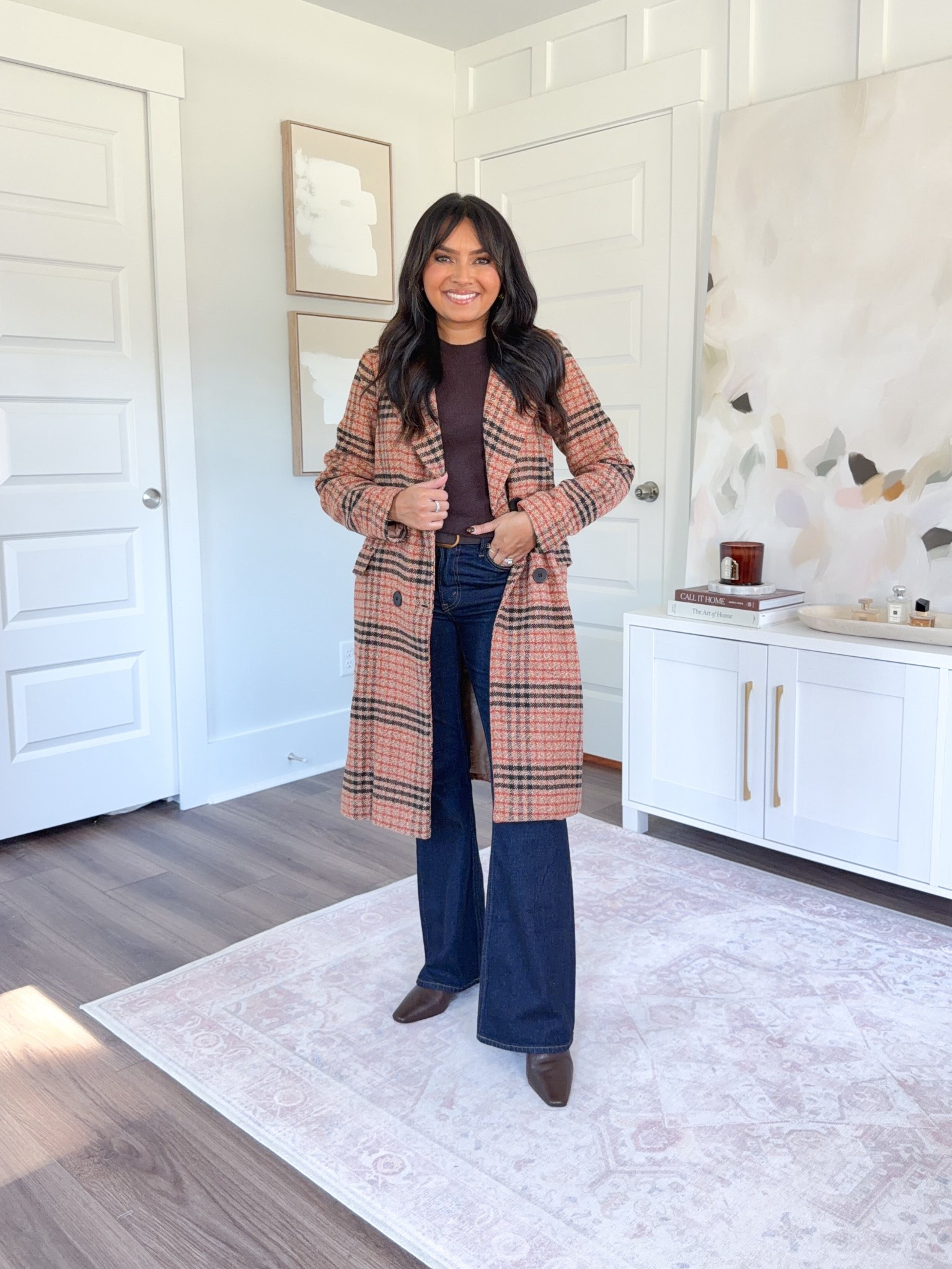 Orange camel plaid peacoat size xs TTS
Dark brown cocoa berry sweater size xxs TTS
Boot cut jeans dark rinse size 26 short TTS
Dark brown kitten heel boots size 5.5 TTS
Dark brown belt size 27”-31”

#LTKFindsUnder100 #LTKPetite #LTKStyleTip