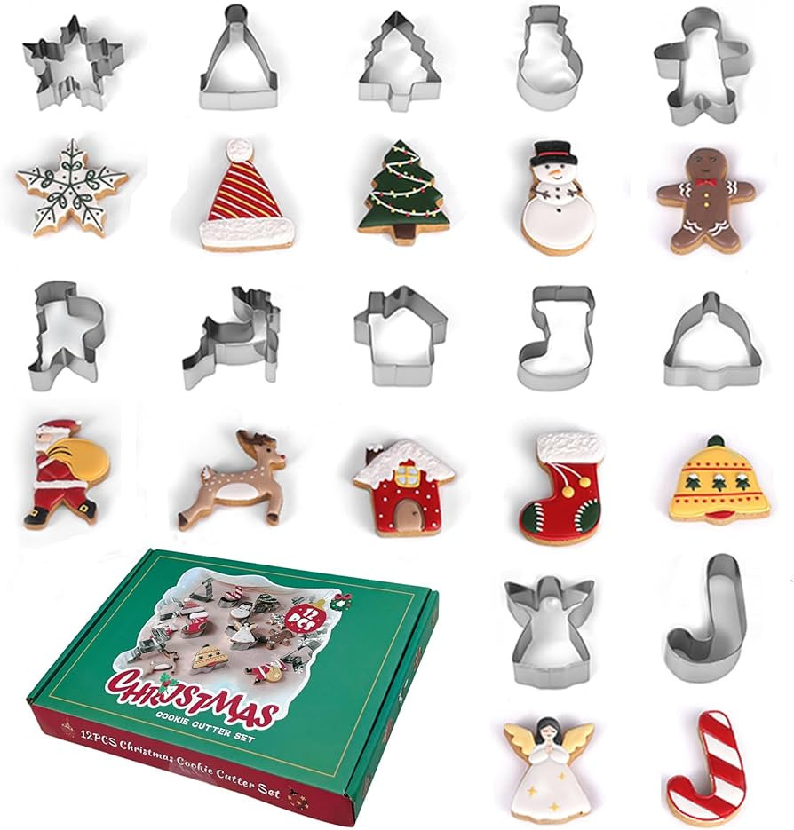 Christmas Cookie Cutter Set of 12, Stainless Steel Christmas Cookie Molds For Baking Biscuits -Ch... | Amazon (US)
