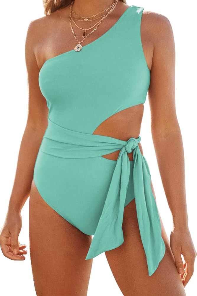 LILLUSORY Women One Piece Swimsuits Sexy One Shoulder Monokinis Tummy Control Tie Side Cut Out Bathi | Amazon (US)