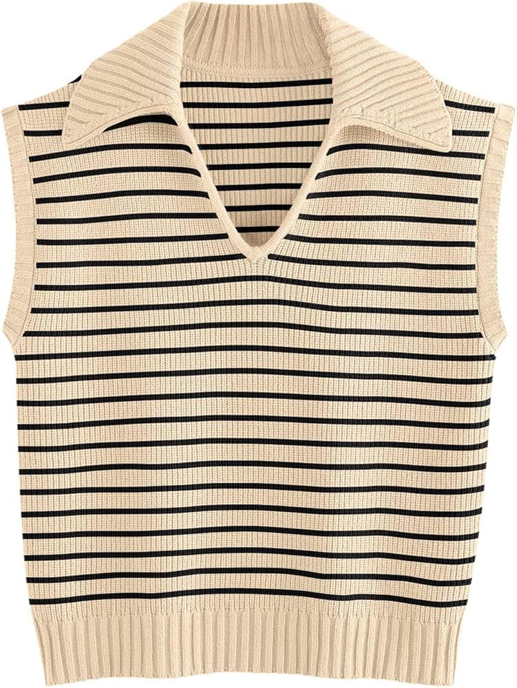 LILLUSORY Women's Summer V Neck Sweater Vest Sleeveless Collared Casual Striped Tank Tops 2024 | Amazon (US)