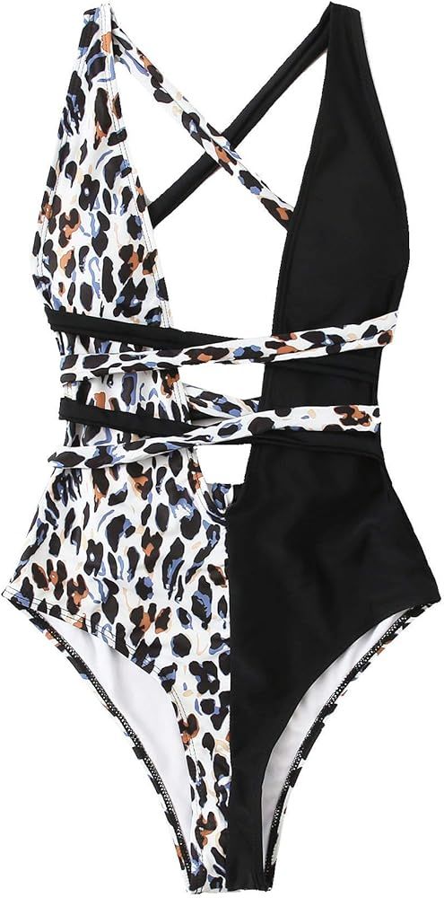 Women's Sexy Bathing Suits Criss Cross Tie Knot Front Deep V Open Back Leopard One Piece Swimwear | Amazon (US)