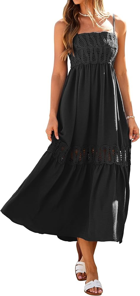 Glamaker Women's Summer Crochet Lace Maxi Dress 2026 Spaghetti Strap Smocked Flowy Beach Vacation... | Amazon (US)