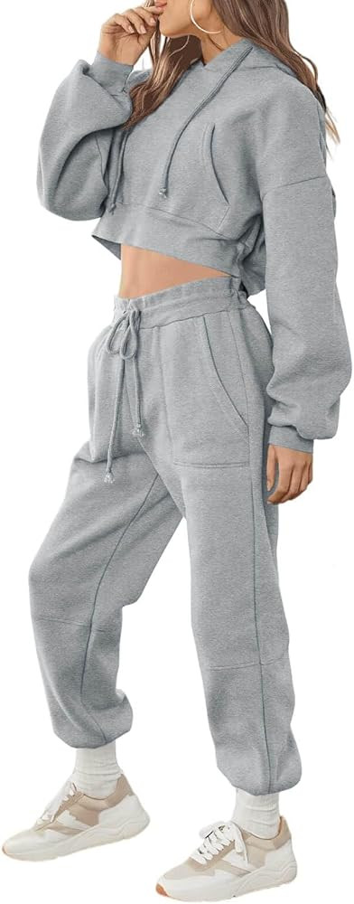 Women Sweatsuits Sets 2 Piece Outfits Cropped Hoodie Sweatshirt and Sweatpants Long Joggers with ... | Amazon (US)