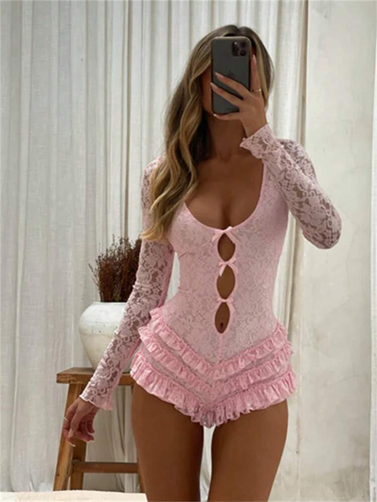 Morene Spring Sexy Solid Color Slim Romper Long Sleeve Low-Neck Lace Hollow Out Backless Bodysuit Party For Women | SHEIN