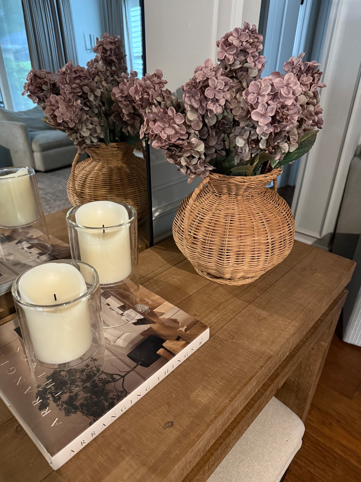 Brown hydrangeas 
Purple floral stems
Fall florals
Console decor
Wicker rattan McGee 

#LTKHome #LTKHoliday #LTKSeasonal