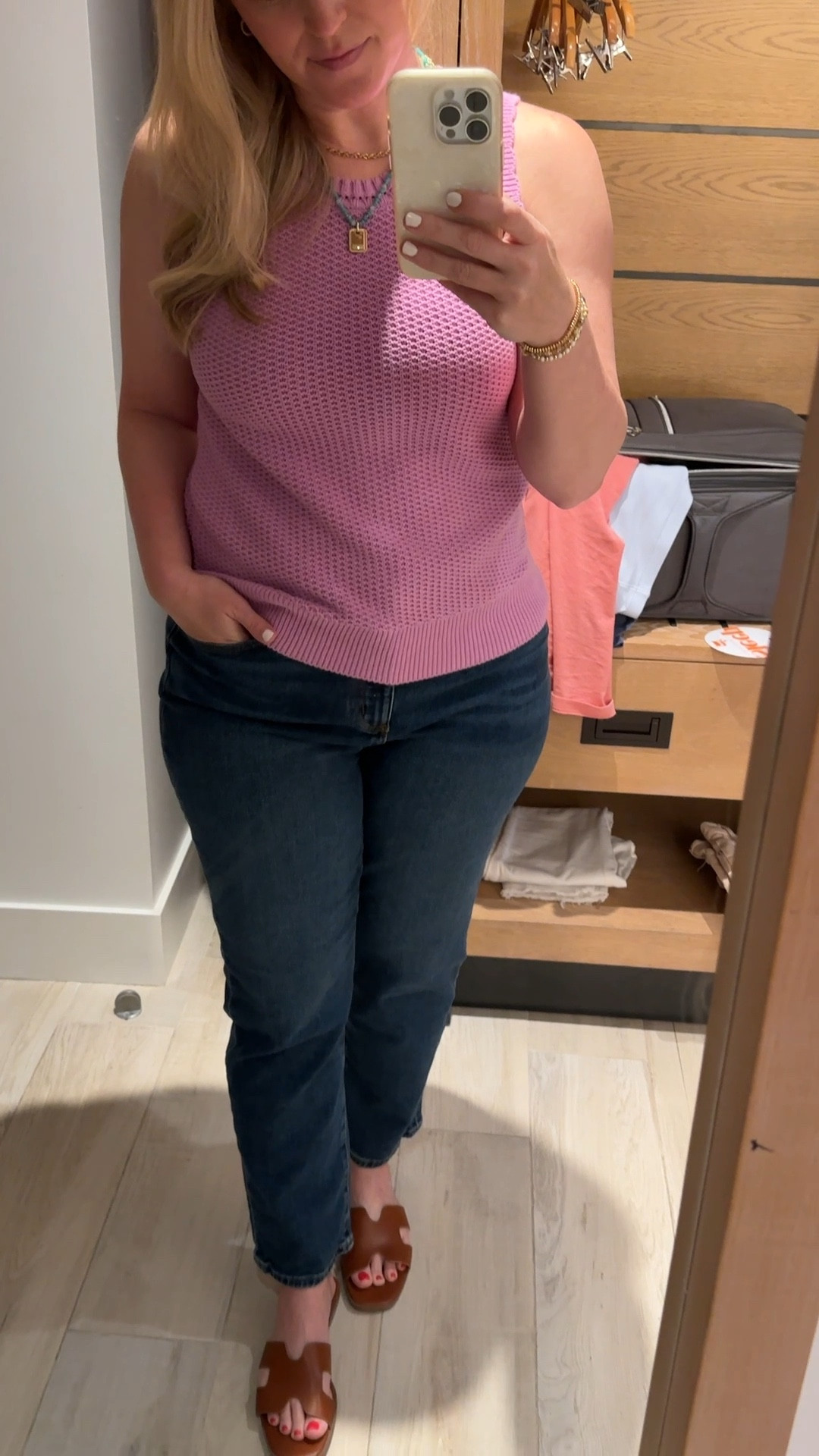 Casual work day! Crochet sweater tank is from Loft Outlet but i linked several similar! Jeans are so comfortable and a great length. Turquoise and gold jewelry, purple pink sleeveless sweater, Loft jeans, target brown leather sandals

#LTKStyleTip #LTKMidsize #LTKWorkwear