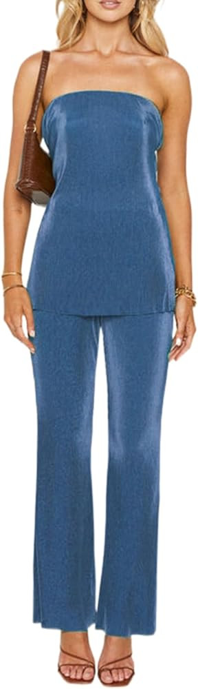 NUFIWI Womens Sexy 2 Piece Pants Set Strapless Off Shoulder Tube Tops Pleated Wide Leg Pants Y2k ... | Amazon (US)