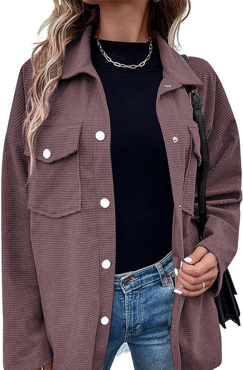 Astylish Womens Waffle Knit Long Shacket Jacket Oversized Casual Blouses Button Down Collared Dre... | Amazon (US)