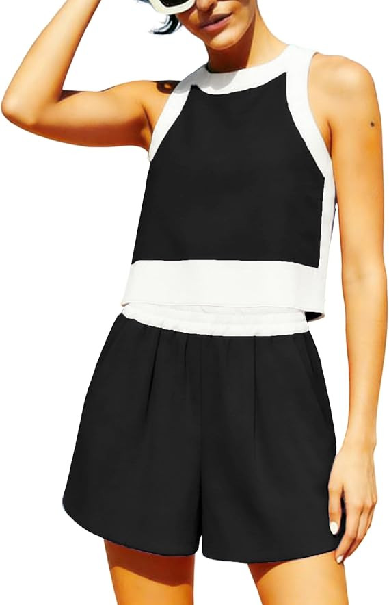 Women's 2 Piece Sets Summer Vacation Outfits Contrast Trim Crop Top and Shorts Matching Lounge Se... | Amazon (US)