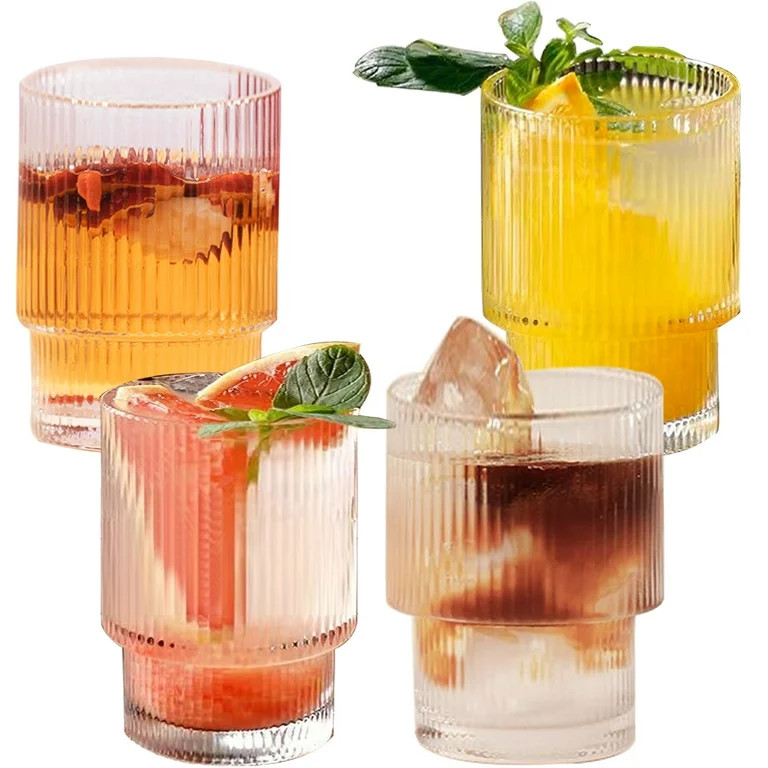 6 oz Ribbed Drinking Glasses C, Rocks Cocktail Glasses Glass Cups Set of 4, Coffee Bar Accessorie... | Walmart (US)