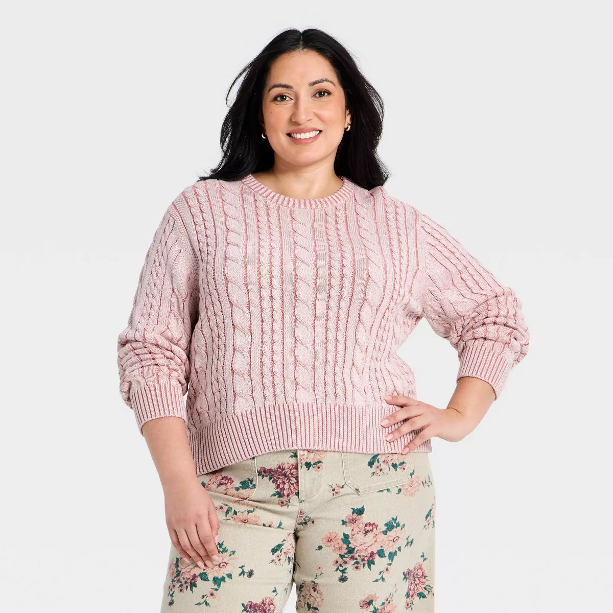Women's Western Cable Crewneck Pullover Sweater - Universal Thread™ Pink XXL | Target