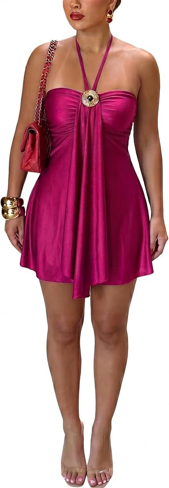 Women's Satin Halter Mini Dress Backless Ruched Flowy Summer Y2K Going Out | Amazon (US)