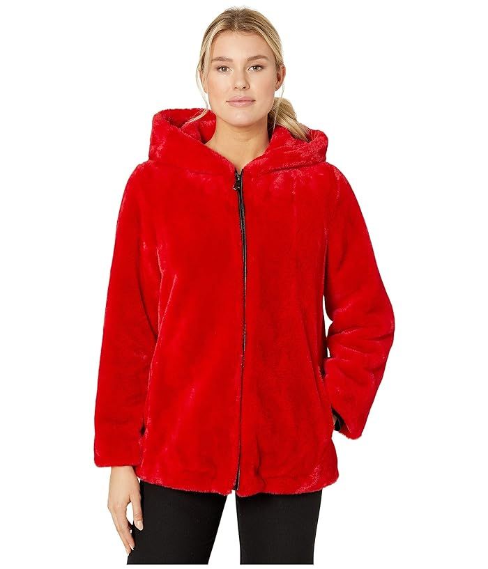 Vince Camuto Hooded Zip Front Faux Fur Jacket V29753B (Red) Women's Clothing | Zappos