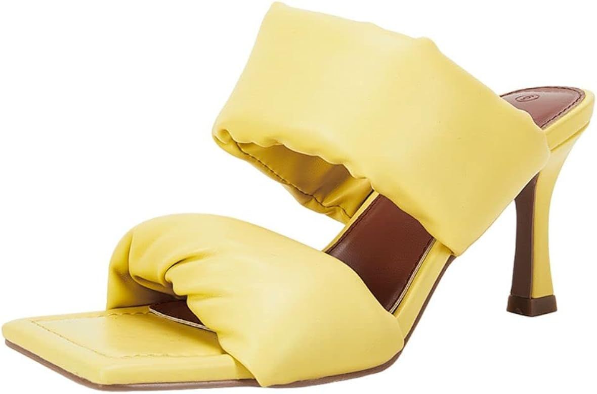Amazon.com | VETASTE Women's Heels Sandals Square Open Toe Wide Double Straps Leather Mules Backl... | Amazon (US)