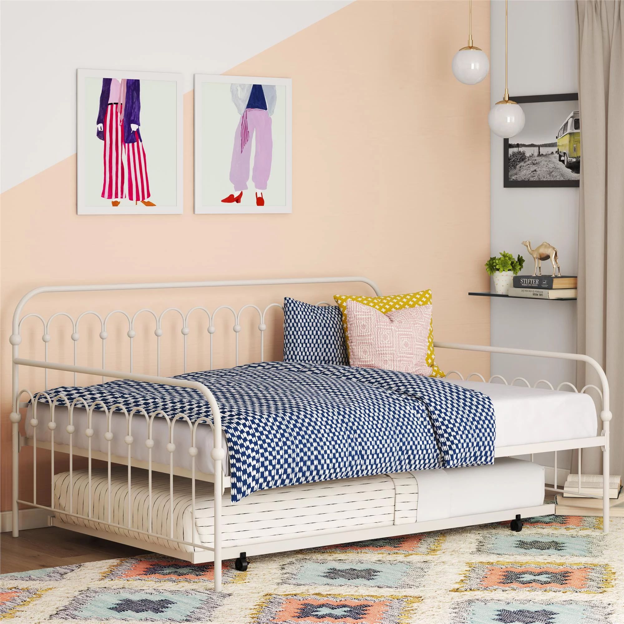 Novogratz Bright Pop Full Metal Daybed with Twin Trundle Bed, Off White - Walmart.com | Walmart (US)
