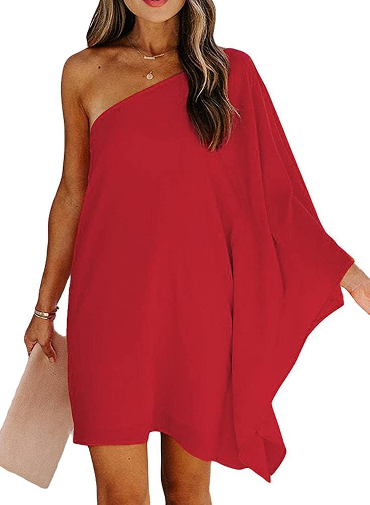 Sidefeel Women One Shoulder Ruffled Draped Loose Cocktail Mini Dress | Amazon (US)