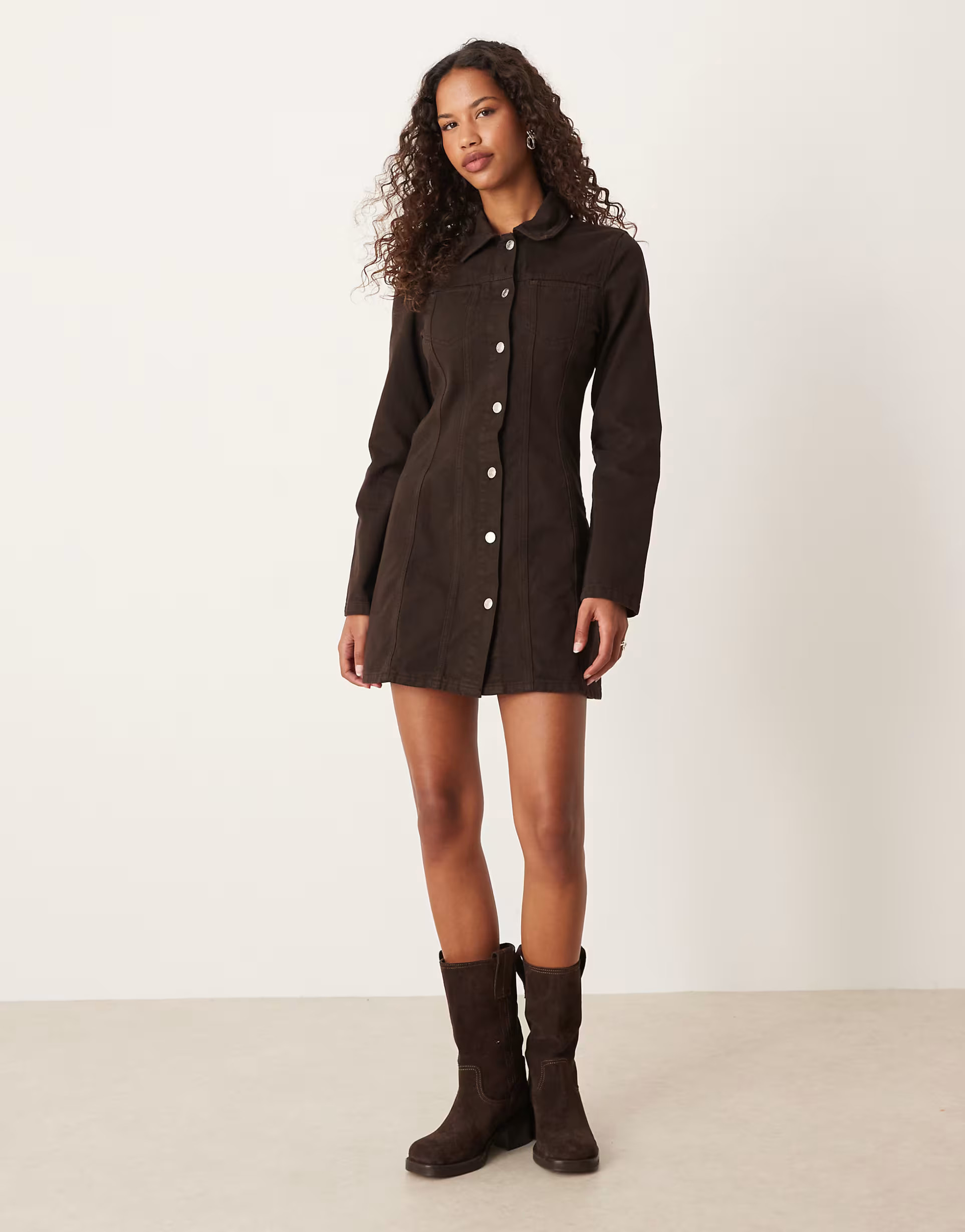 ASOS DESIGN denim long sleeve fit and flare mini dress in chocolate | ASOS (Global)