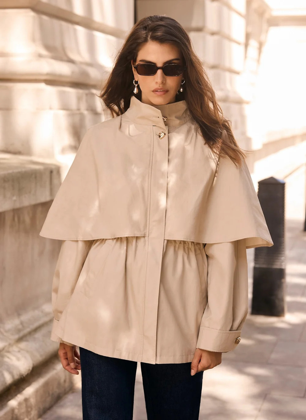 Neutral Cotton Cape Trench Jacket | Mint Velvet
