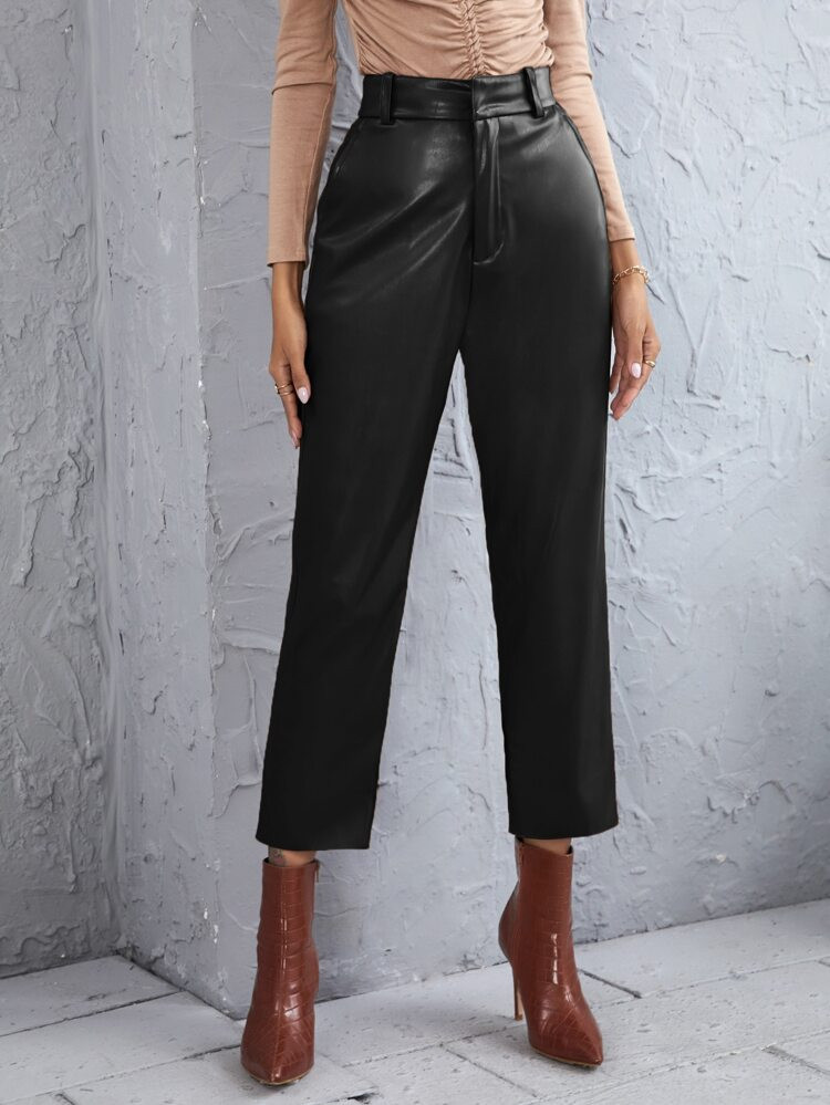PU High Waist Straight Leg Pants | SHEIN