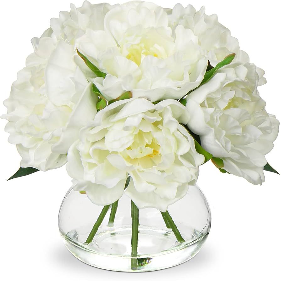 Hollyone Fake Flowers White Peonies Artificial Flowers Faux Flowers with Vase Peony Silk Flower A... | Amazon (US)