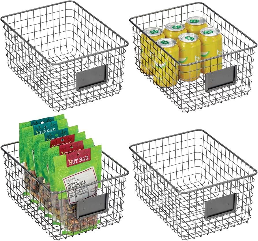 mDesign Large Steel Storage Organizer Bin Baskets with Label Slot for Kitchen Pantry, Cabinet, Cu... | Amazon (US)