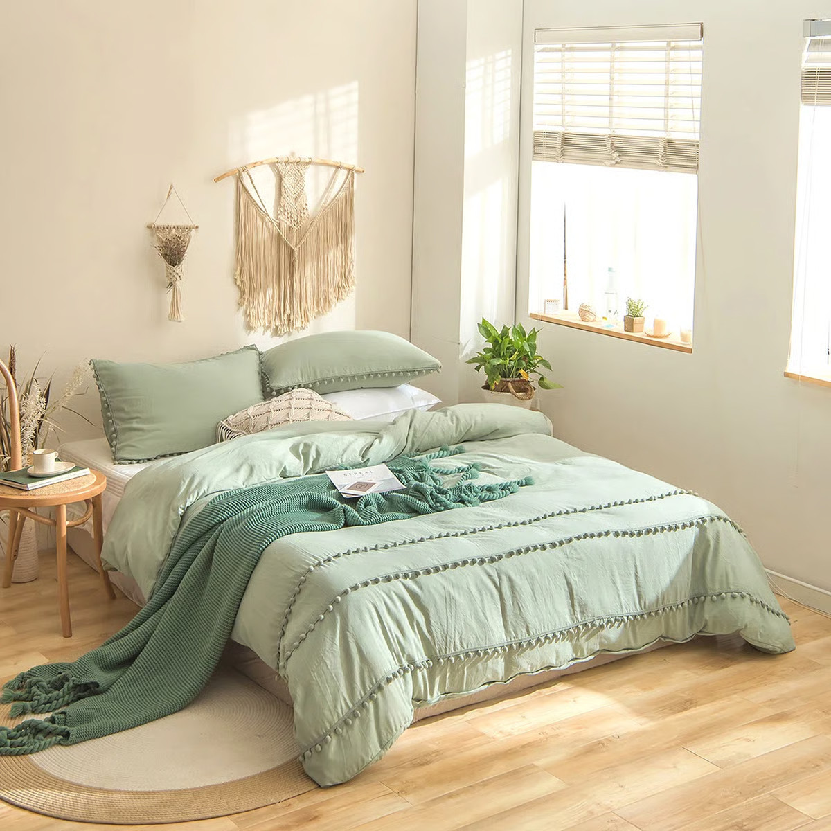 SJT-SANQIUQIU Pom Pom Tassels Retro Solid Color Farmhouse Microfiber Duvet Cover Set | Wayfair North America