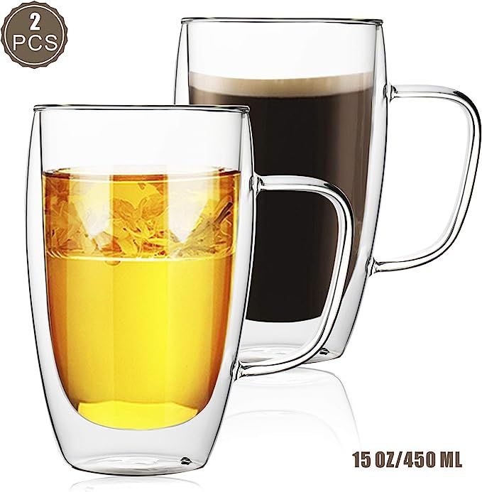 Glass Coffee Mugs, 15oz Double Wall Glass Tea Cup with Handle, Set of 2 Large Insulated Coffee Mu... | Amazon (US)