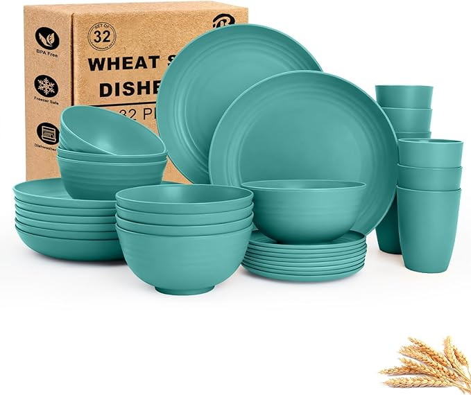 Wheat Straw Dinnerware Sets 32-Piece, Service for 8, Unbreakable Kitchen Dishes Set, Plastic Plat... | Amazon (US)