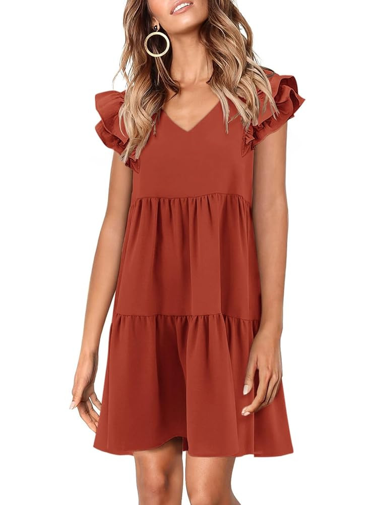 Zwurew Summer Babydoll Dresses for Women 2025 Cute Ruffle Cap Sleeve V-Neck Flowy Swing Mini Dres... | Amazon (US)