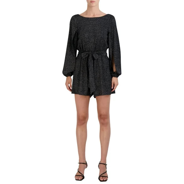 BCBG Paris Women's Sparkly Tied Waist Romper with Split Sleeves - Walmart.com | Walmart (US)
