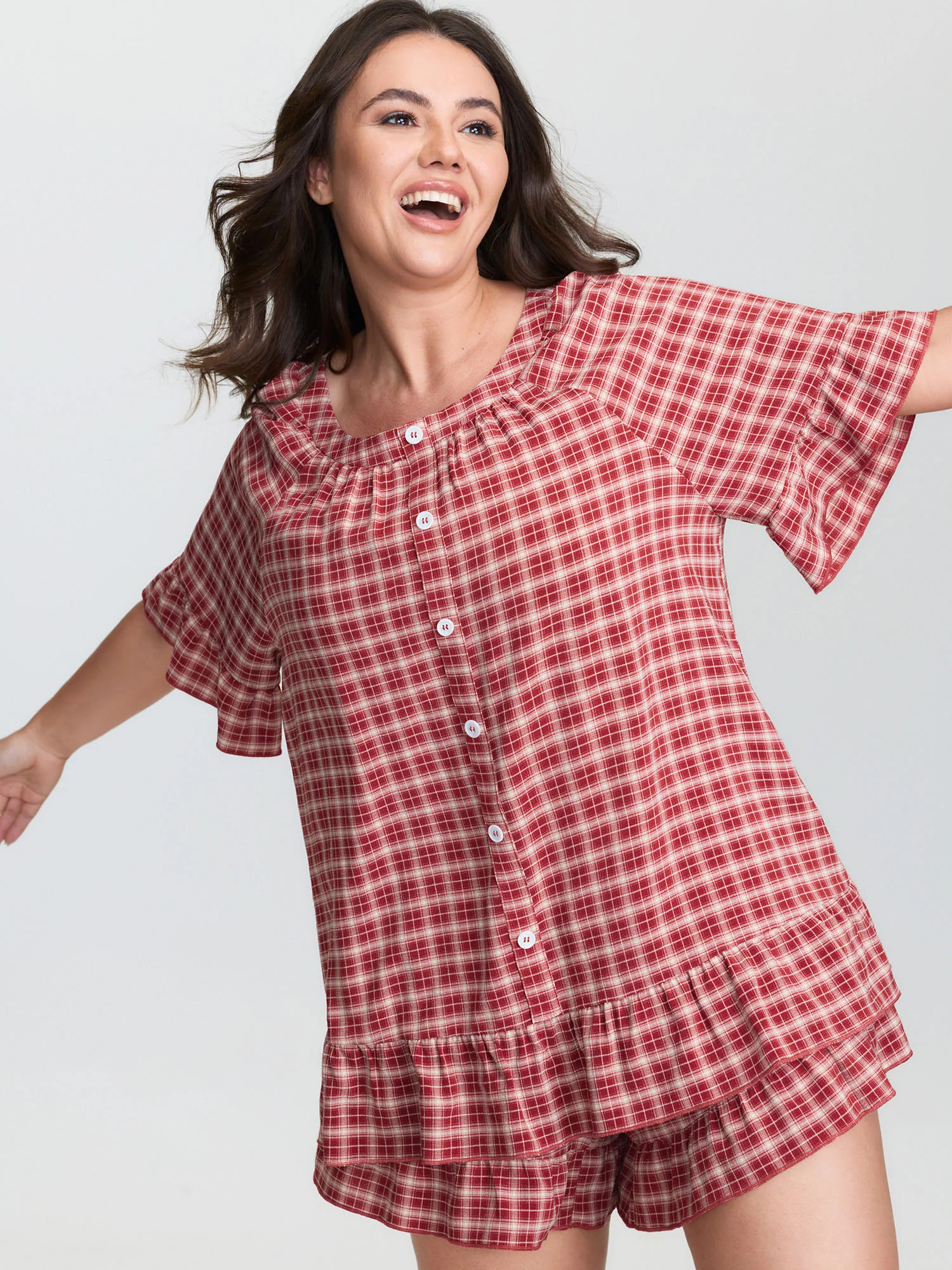 Gingham Pattern Ruffled Hem Co-ord Lounge Set | Bloomchic
