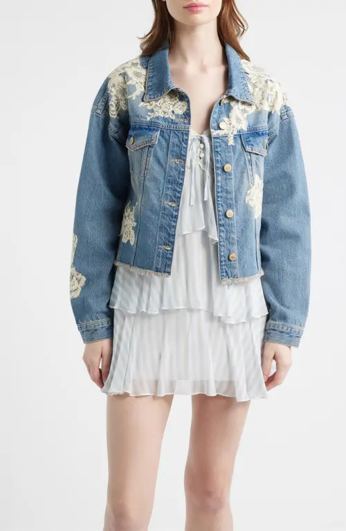 LoveShackFancy Amana Lace Patch Denim Jacket in Faded Blue at Nordstrom, Size Medium | Nordstrom