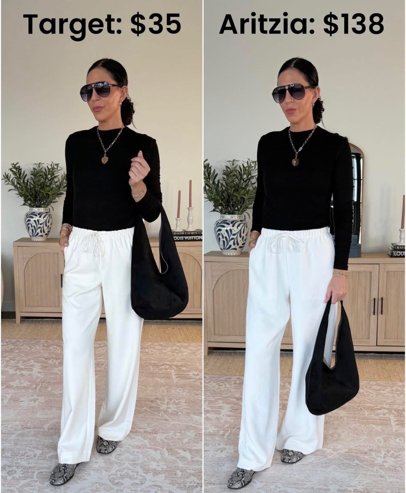 The viral Aritzia lodge pants vs the Target  
Both are a small long and stunning for any vacation or even heading into spring 
Tee- small 
Thatch jewlery 


#LTKFindsUnder50 #LTKU #LTKOver40
#LTKmomlife #LTKootd #LTKFindsUnder50