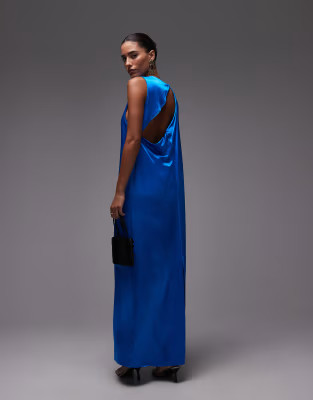Topshop high neck open back chuck on satin dress in blue | ASOS (Global)