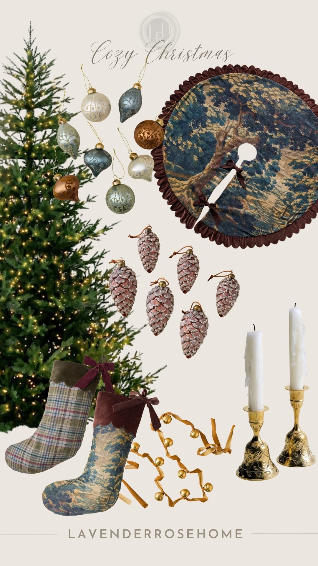 Cozy Christmas details - A tapestry-inspired tree skirt, classic stockings, twinkle tree, ornaments & bell garland for a warm, collected holiday look.

#LTKHome #LTKSeasonal