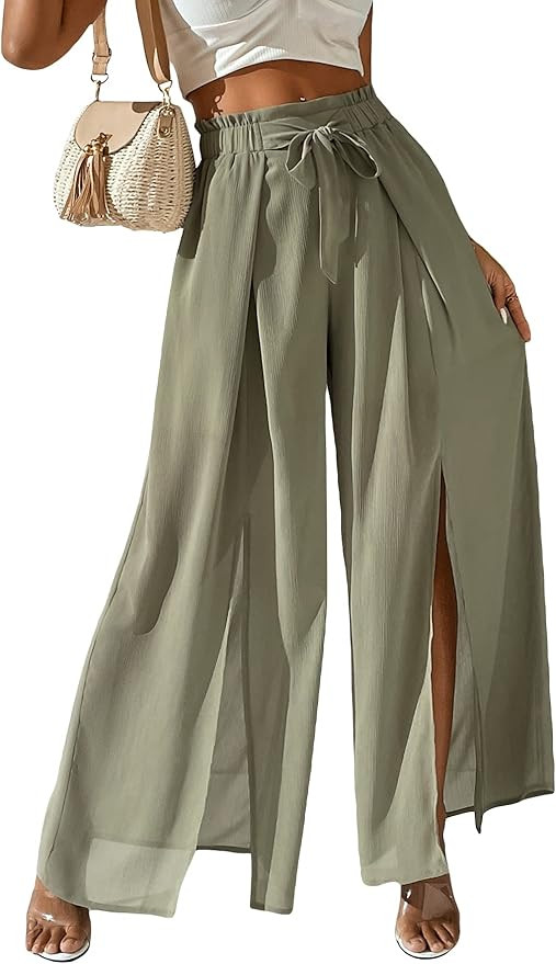 WDIRARA Women's Paper Bag Tie Waist Knot Front Split Thigh Elastic Loose Wide Leg Pants | Amazon (US)