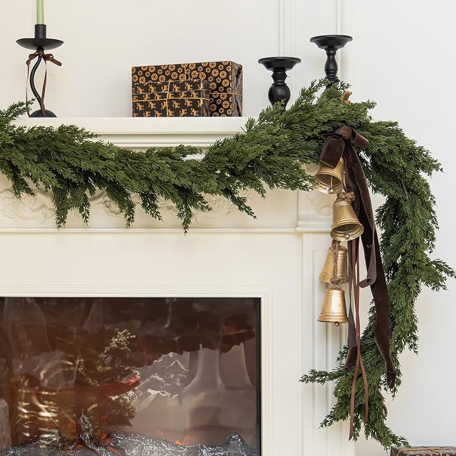 MISSPIN 6FT Artificial Long Cedar Garlands, Real Touch Winter Norfolk Pine Garland, Green Artificial Greenery Garland for Table, Mantle, Wall, Indoor, Outdoor Christmas Decorations (Original Green) | Amazon (US)