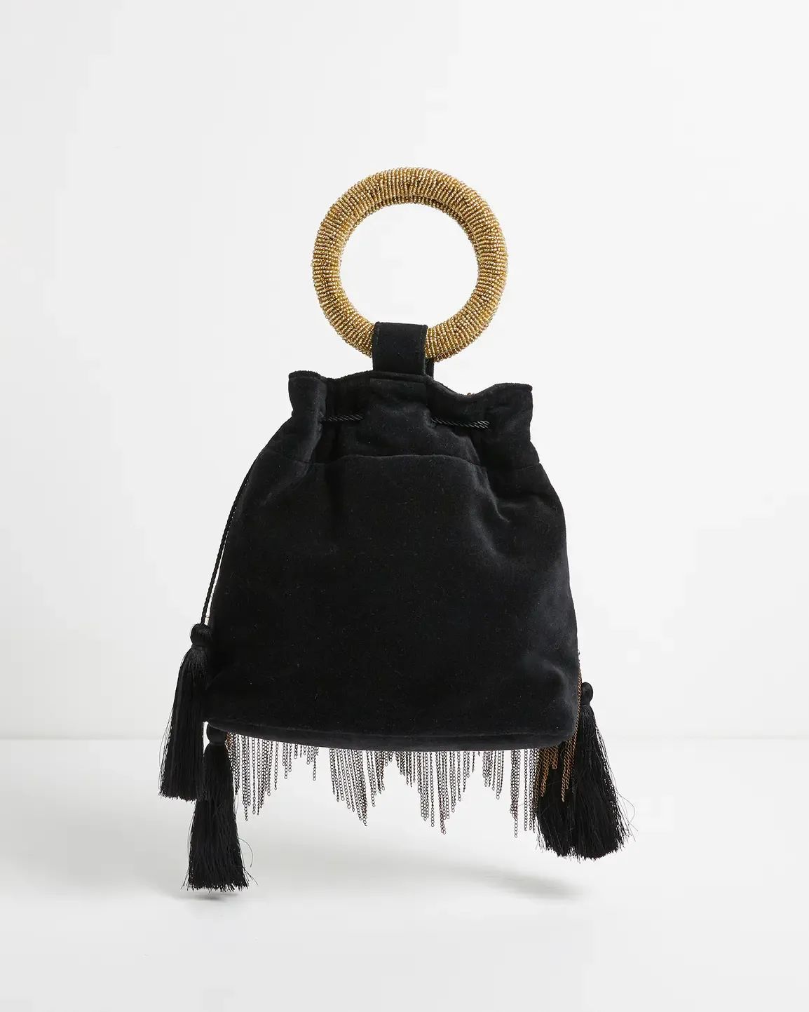 Oattie Beaded Chevron Tassel & Black Velvet Clutch Bag | Oliver Bonas | Oliver Bonas (Global)