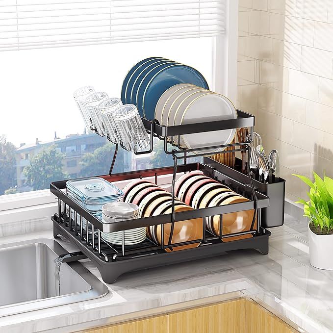 Dish Drying Rack, HERJOY Detachable 2 Tier Dish Rack and Drainboard Set, Large Capacity Dish Drai... | Amazon (US)