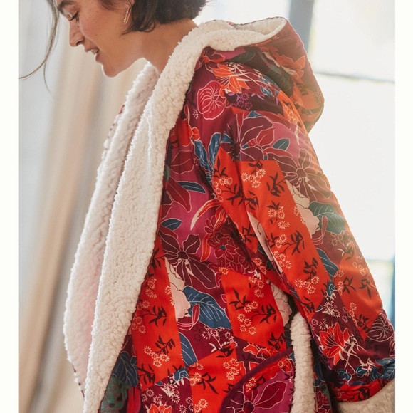 Anthropologie XS/S Sherpa Robe Red Kantha Patchwork Hoodie | Poshmark