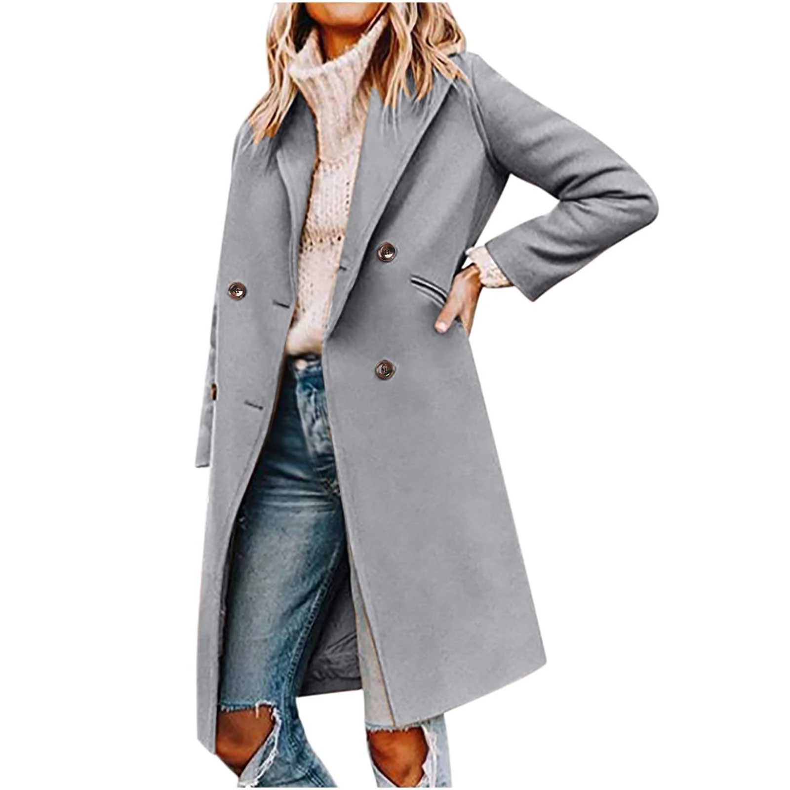 Clearance Fall Winter Pea Coat Women's Basic Essential Double Breasted Mid-Long Wool Blend Elegan... | Walmart (US)