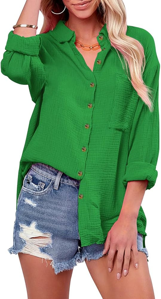 siliteelon Womens Button Down Shirts Cotton Long Sleeve Oversized Boyfriend Blouses Collared Dres... | Amazon (US)