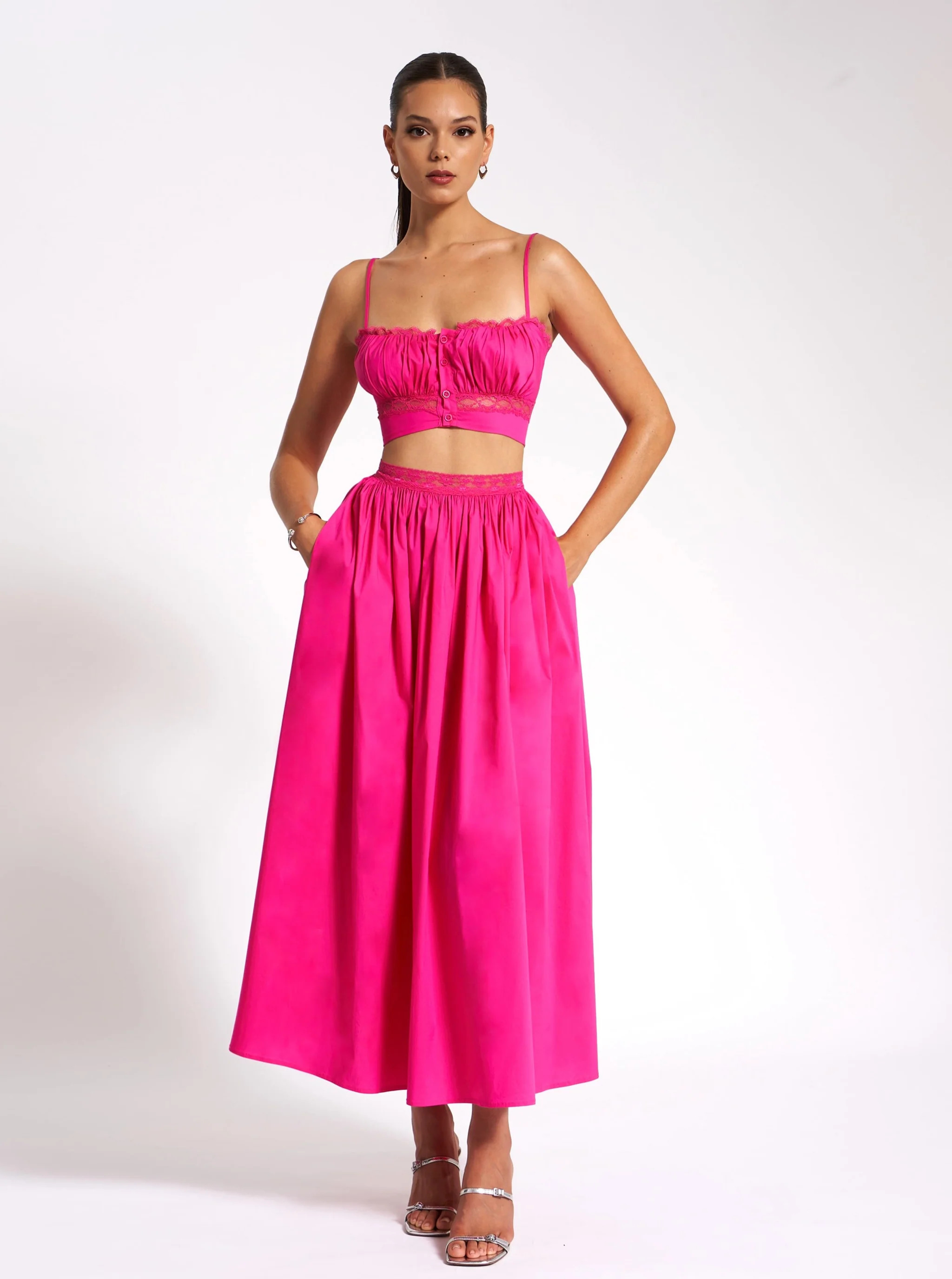 Martha Fuchsia Cotton Poplin Maxi Skirt With Lace Trim | Miss Circle