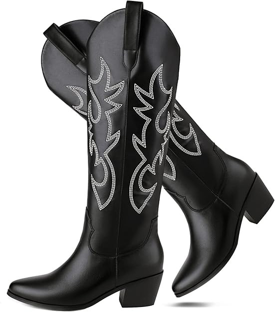 STALOV Cowboy Boots for Women,Western Pointed Toe Chunky Heel Pull-On Knee High Cowgirl Boots Fas... | Amazon (US)