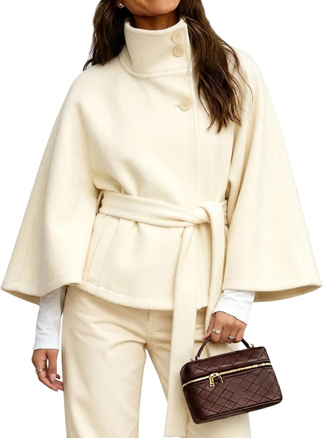 Hooever Women Batwing Sleeve Ponchos Pea Coat Wool Blend Stand Collar Jacket Winter Cropped Overc... | Amazon (US)