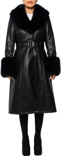 AZALEA WANG Belted Faux Leather Trench Coat with Faux Fur Trim | Nordstrom | Nordstrom