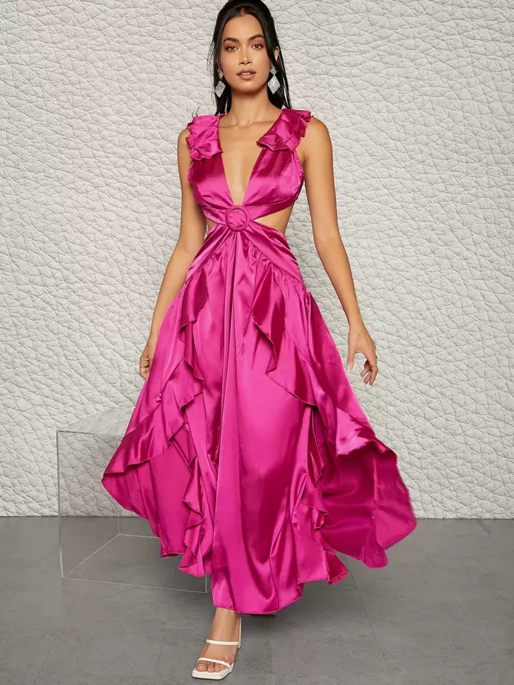 Plunging Buckle Detail Ruffle Trim Lace Up Backless Dress | SHEIN