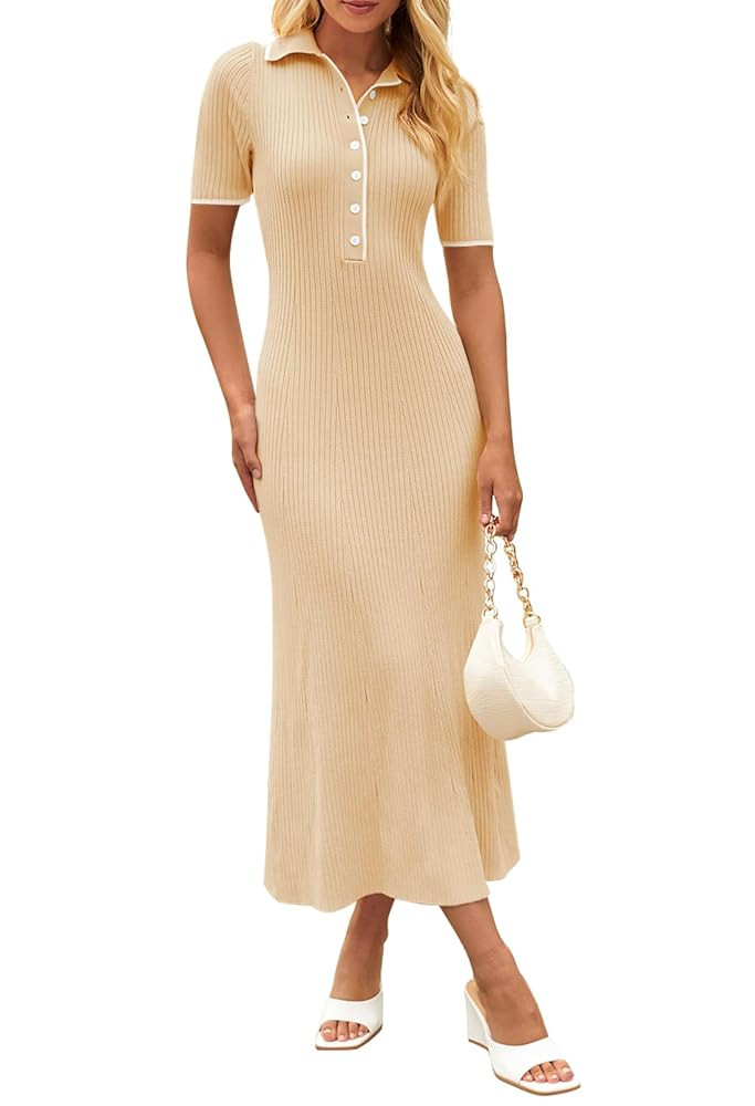 MEROKEETY Women's V Neck Ribbed Knit Maxi Dress Button Short Sleeve Slim Fit Bodycon Sweater Dres... | Amazon (US)