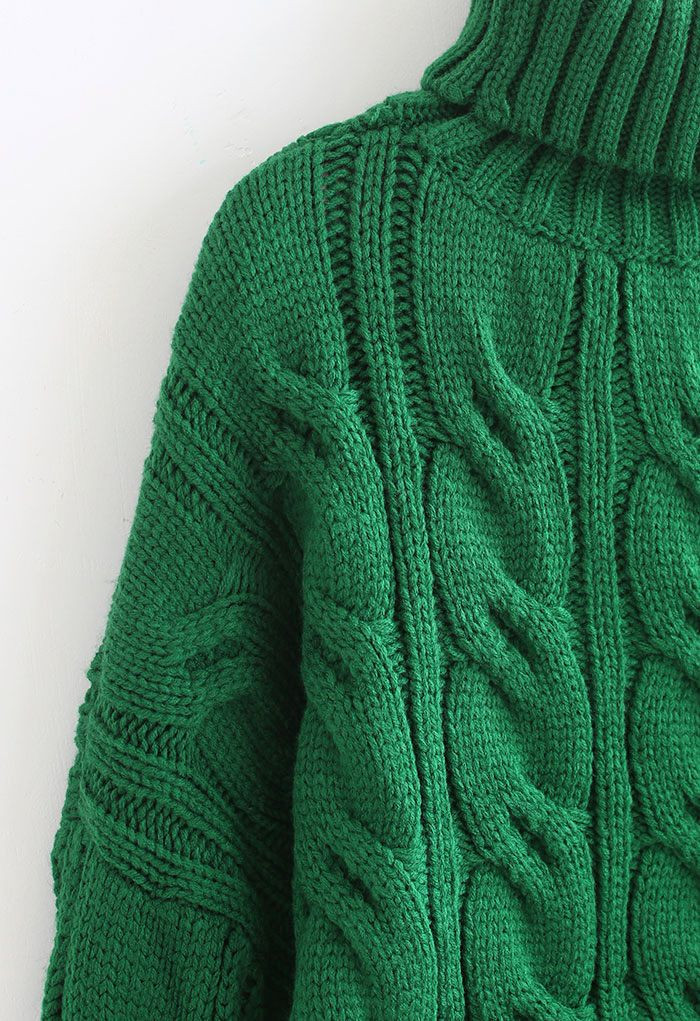 Turtleneck Braid Knit Crop Sweater in Green | Chicwish